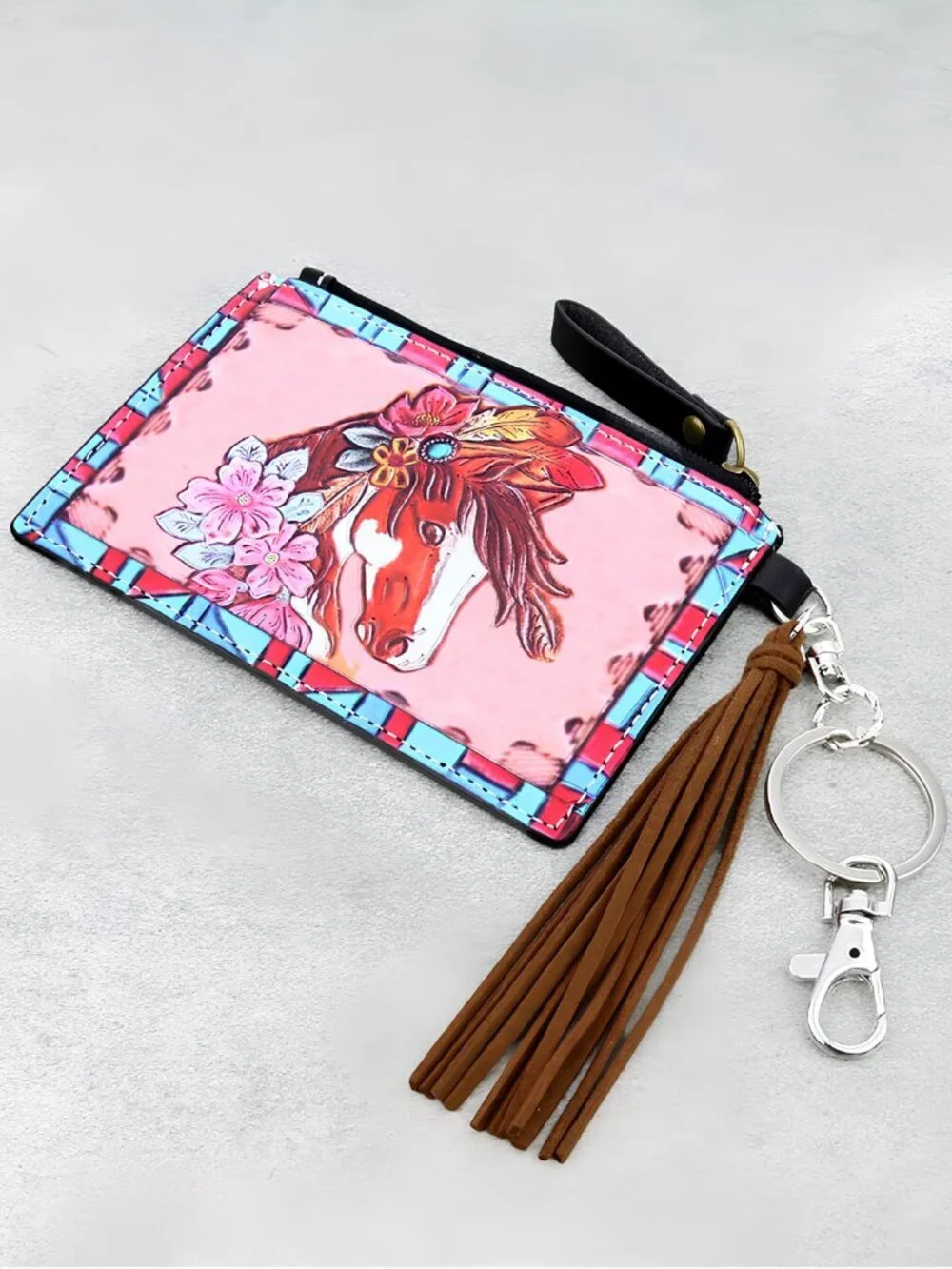 New Pink Cowgirl Boho Western Horse Head Leather Cardholder Zip Wallet